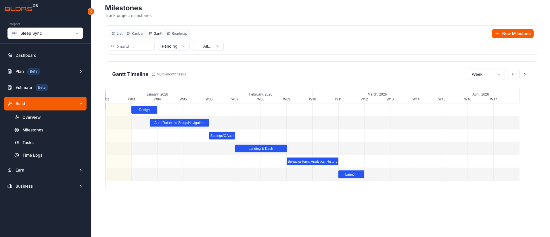 BLDRS OS Dashboard - Milestones and Gantt Timeline