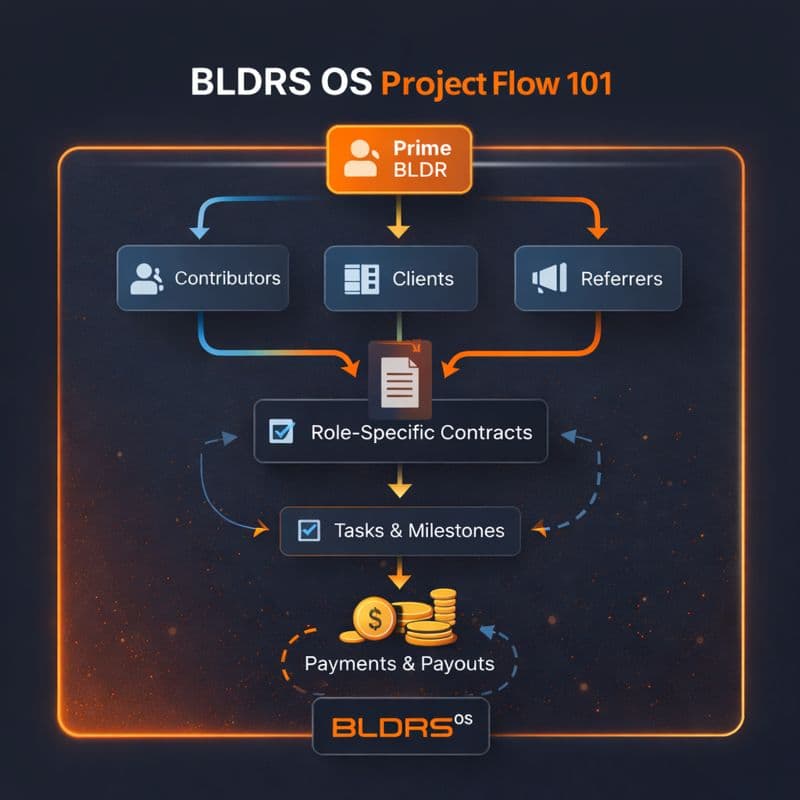 BLDRS OS Project Flow - Prime BLDR to Contributors, Clients, Referrers through Contracts, Tasks, and Payments